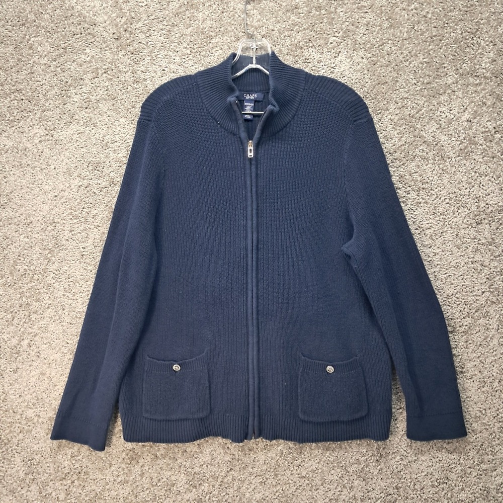 Chaps Mens 2X Navy Blue Full Zip Mock Neck Ribbed Cotton Knit Cardigan Sweater